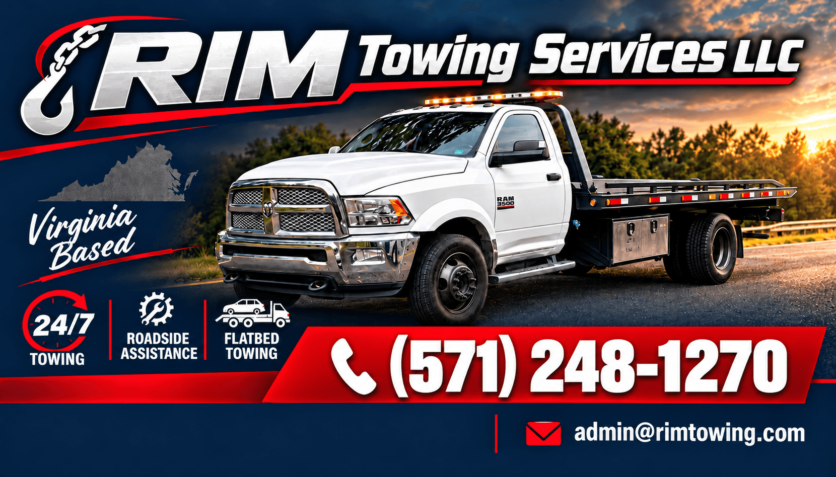 RIM Towing Services banner featuring a flatbed tow truck and phone number (571) 248-1270